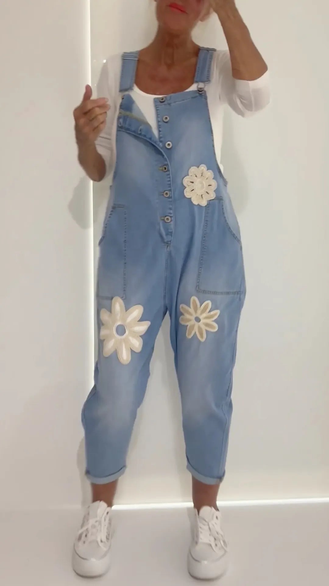 Floral Applique Denim Overall Jumpsuit