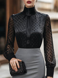 Flocked Polka-Dot Satin And Sheer Mesh Top