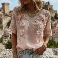 Women's Pink Flower Embroidery Art Round Neck Short Sleeve Linen Blend T-shirt