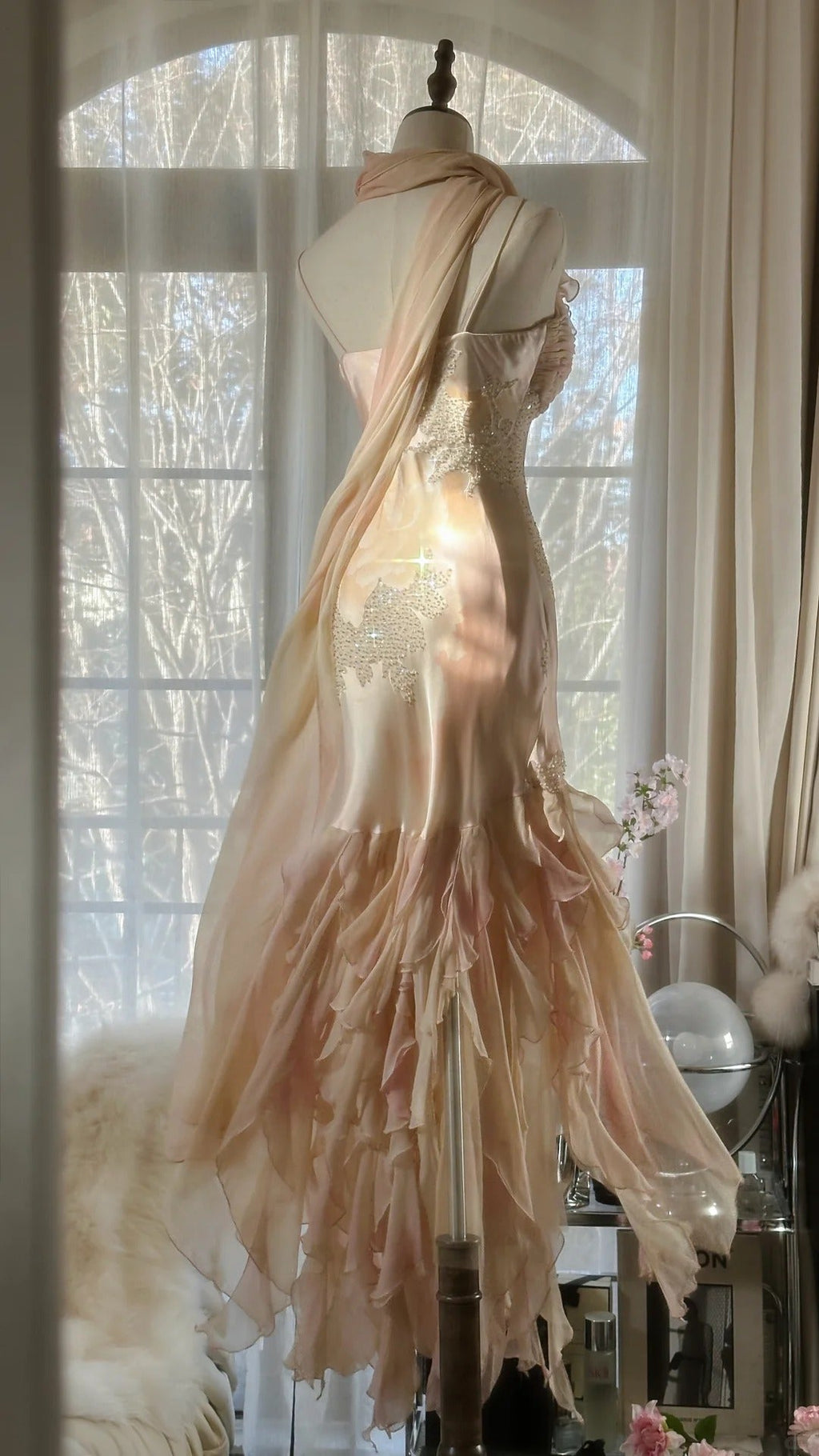 Lit Pink Gorgeous Exquisite Beading Spaetti Strap Long Chiffon Satin Ball Gown Evening Dress Birthday/Holiday Party Dress Prom Dress 4064