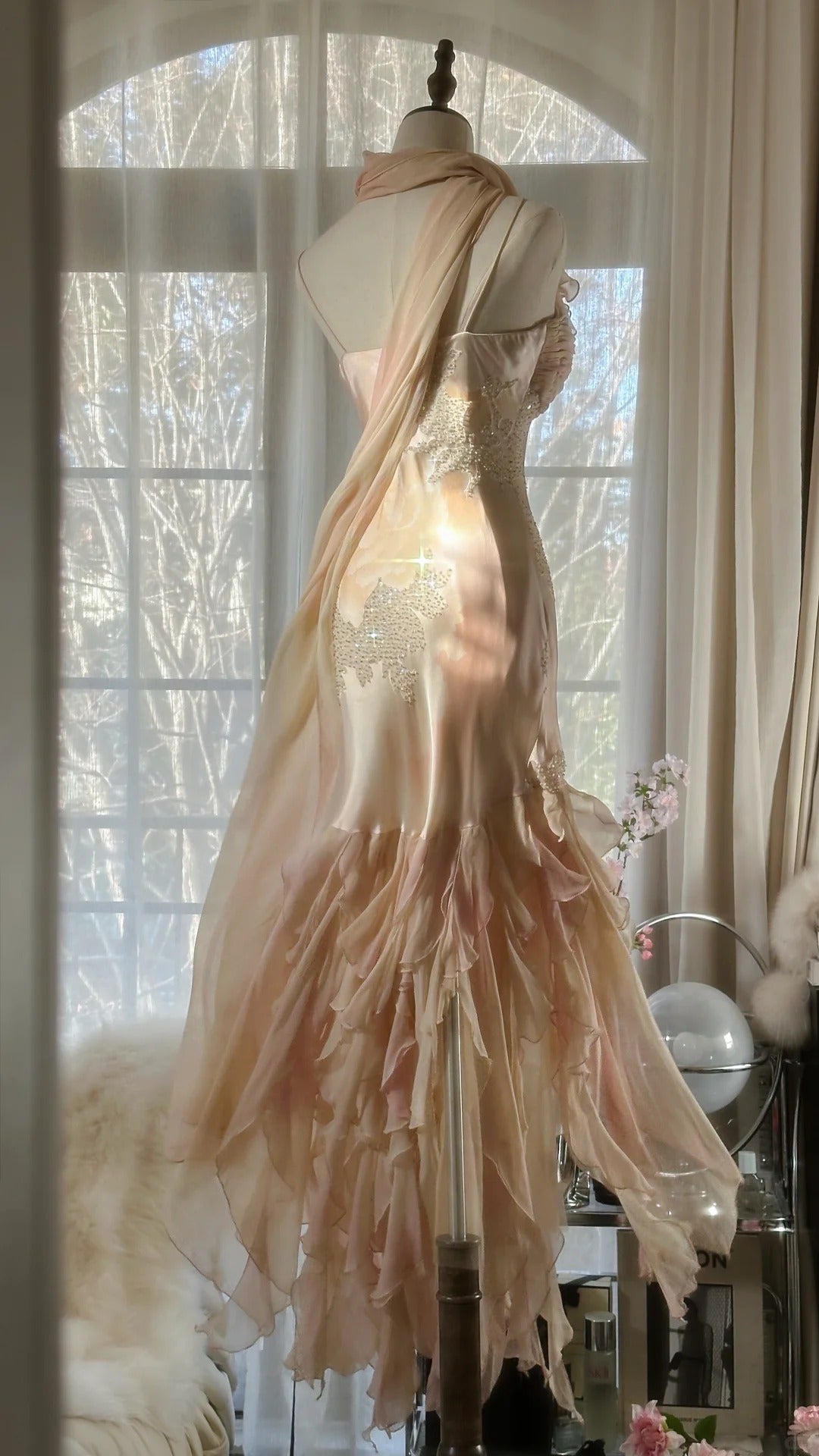 Lit Pink Gorgeous Exquisite Beading Spaetti Strap Long Chiffon Satin Ball Gown Evening Dress Birthday/Holiday Party Dress Prom Dress 4064