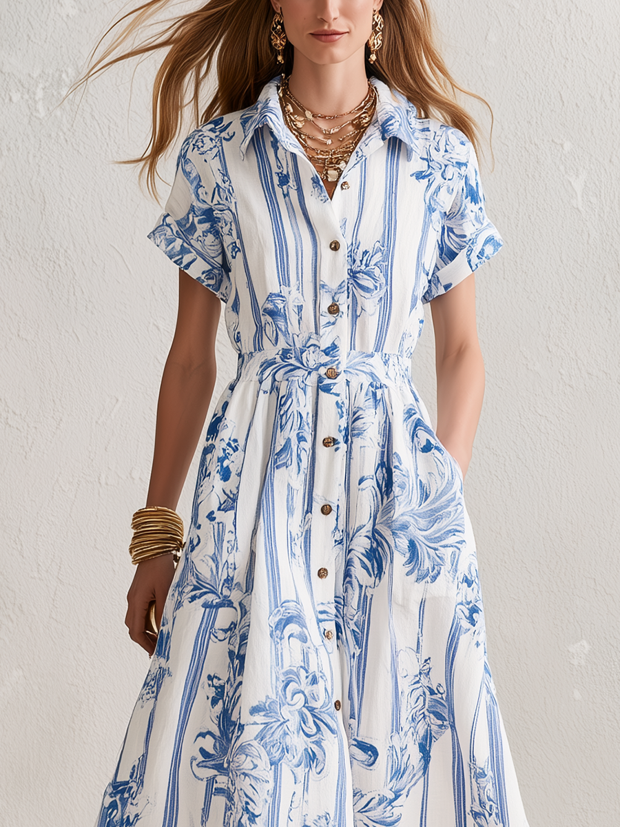 Vintage White Blue Floral Stripe Shirt Midi Dress