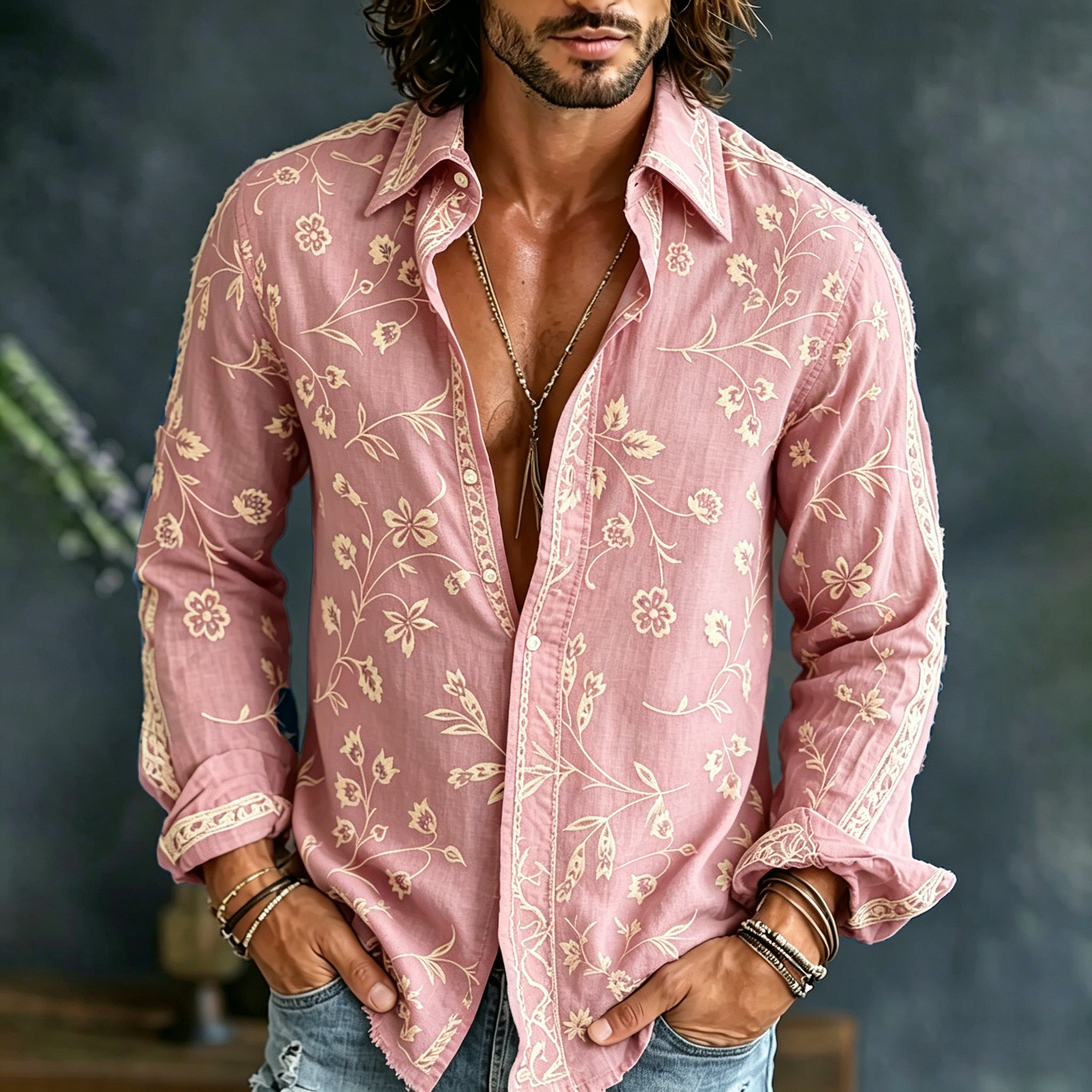 Men's Vintage Spring Floral Embroidered Art Print Flowy Linen Blend Casual Shirt