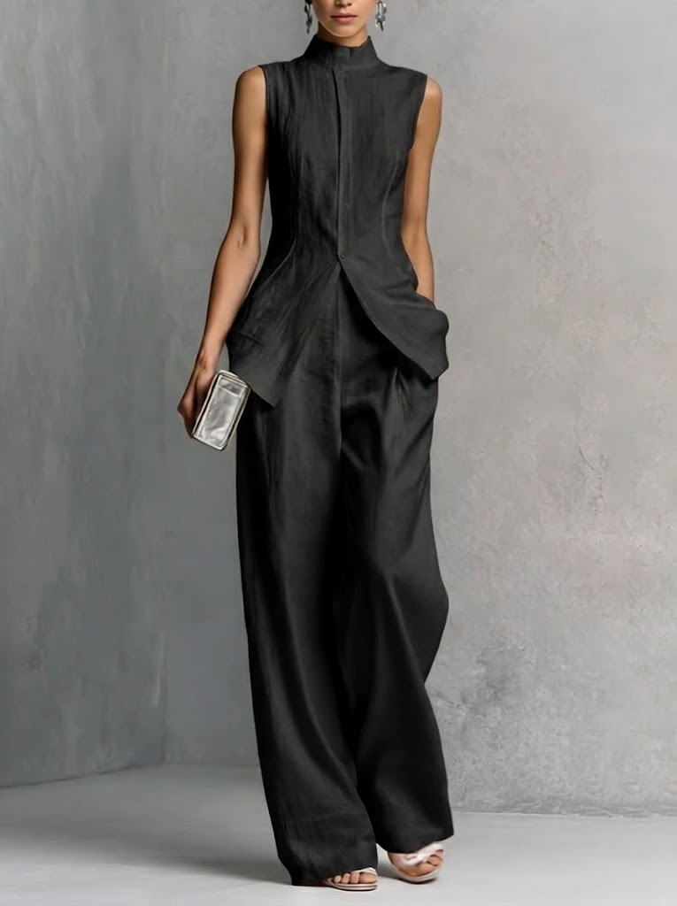 Stylish Slim-fit Sleeveless Linen And Cotton Two-piece Set