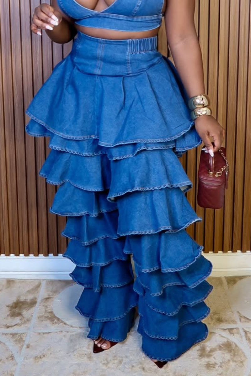 Denim Crop Top/Tiered Ruffle Pants