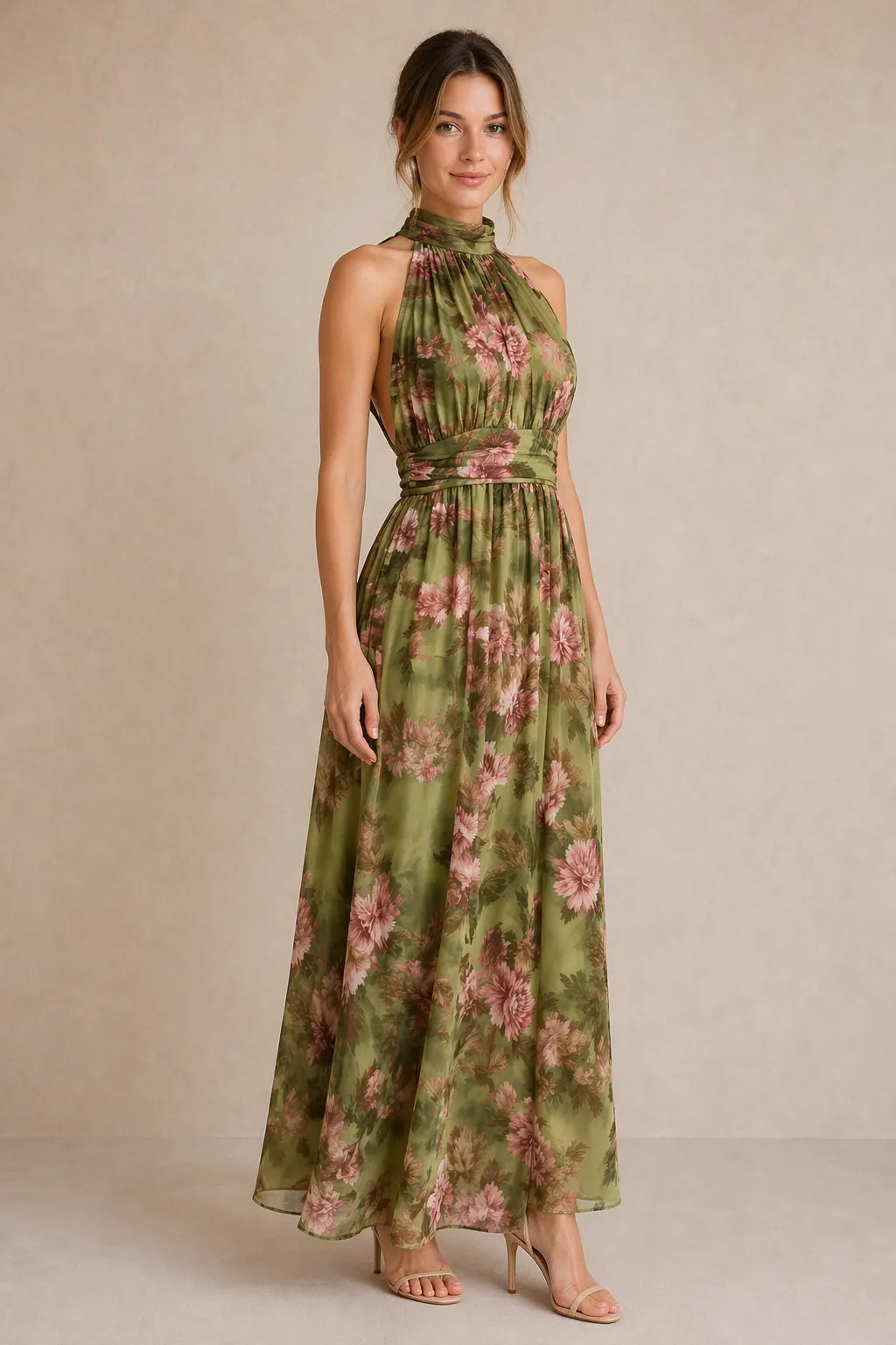 Olive Floral Halter Neck Maxi Dress