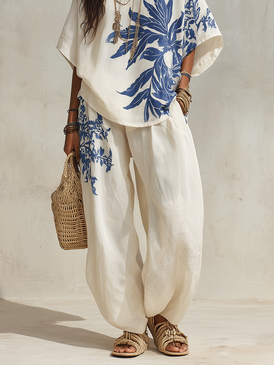 Resort Chic Linen Botanical-Print Wide-Leg Blue & White Loungewear Set