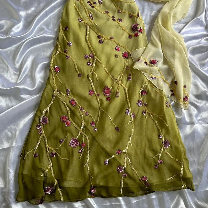 Yellow Green gorgeous exquisite vintage embroidered spaetti strap long ball gown prom dress evening gown