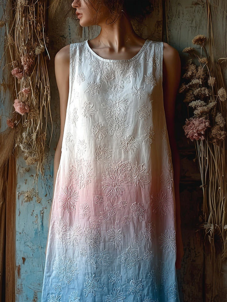 Vintage Trans Flag Color Gradient Floral Linen Midi Dress