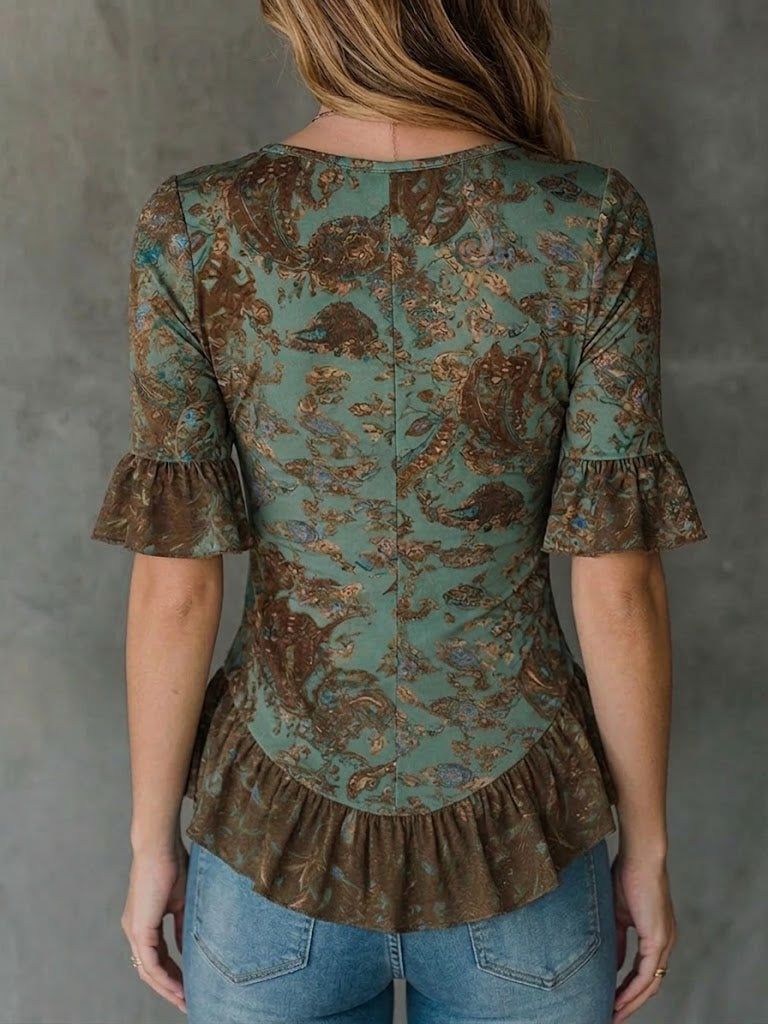 Bohemian-print Ruffled Top In Stretchy Cotton