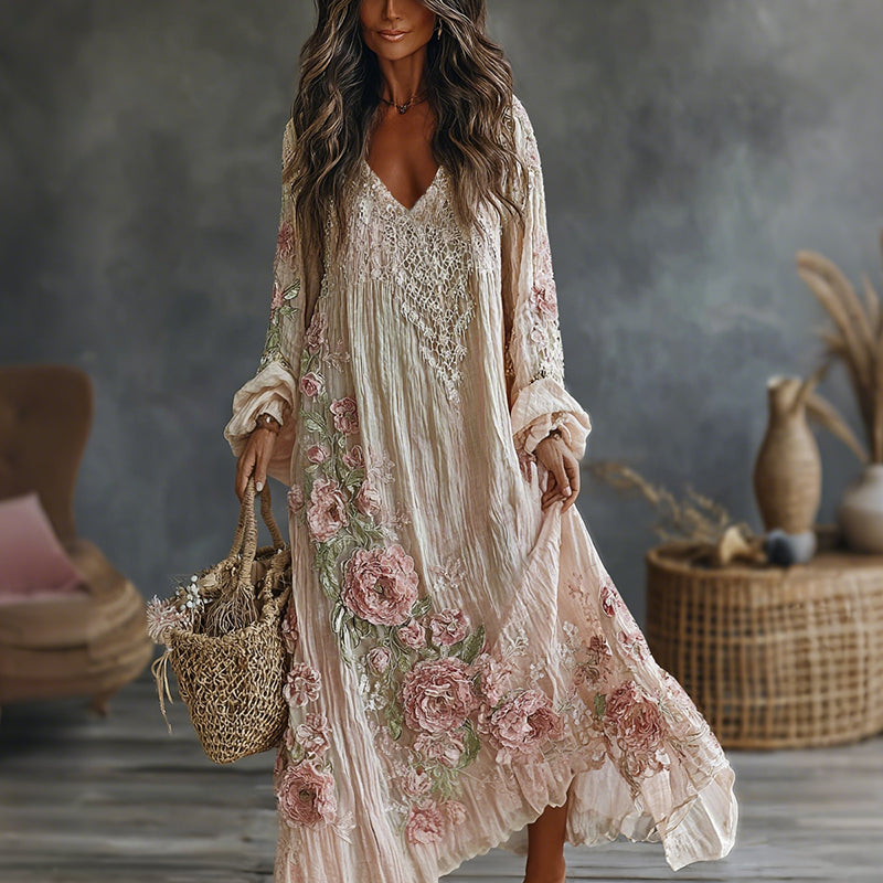 Women's Retro Floral Art Flowy Linen Blend Casual Long Sleeve Maxi Dress
