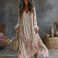 Women's Retro Floral Art Flowy Linen Blend Casual Long Sleeve Maxi Dress