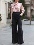 Bow-Neck Satin Blouse And Wide-Leg Trousers Set