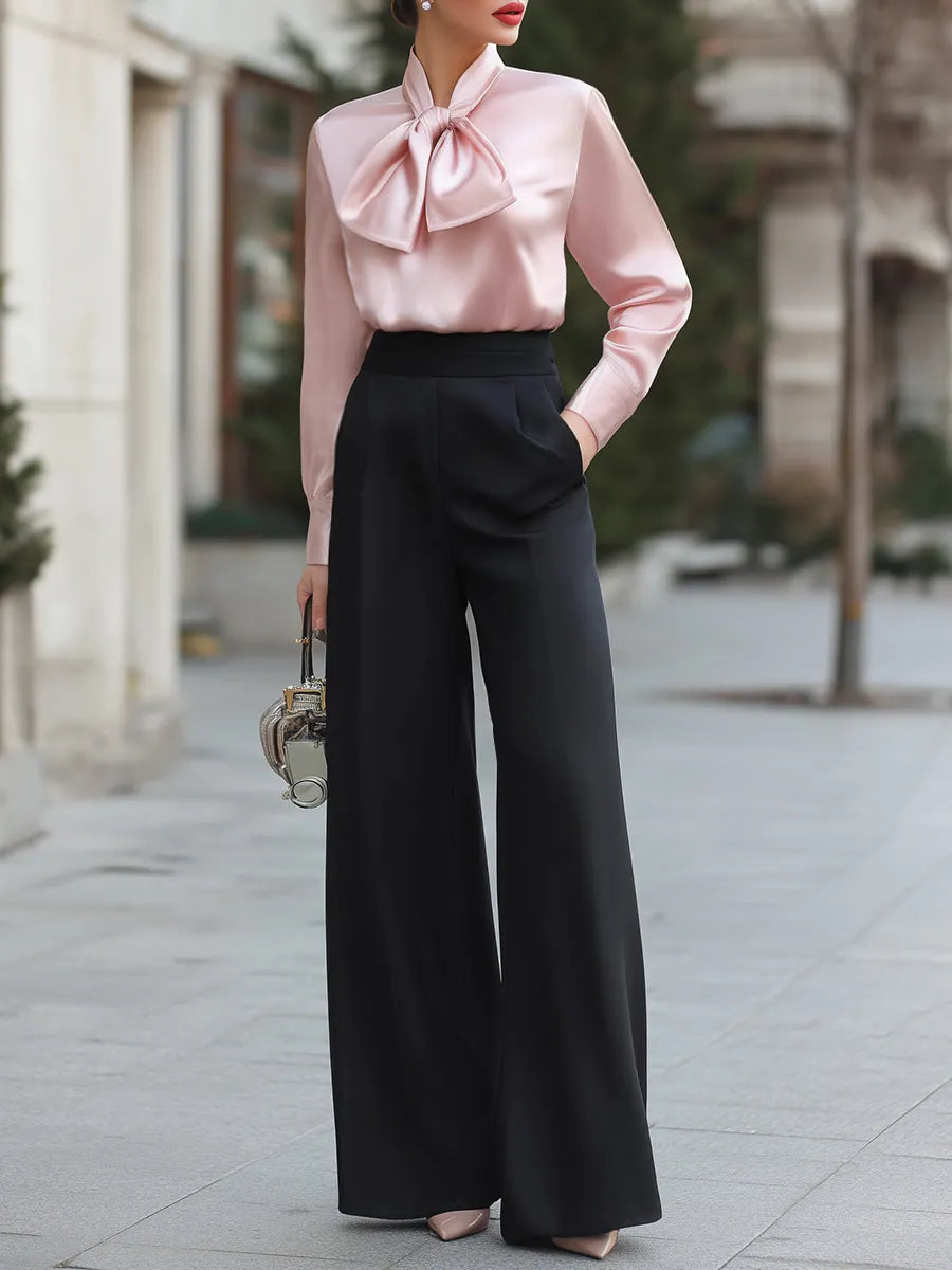 Bow-Neck Satin Blouse And Wide-Leg Trousers Set