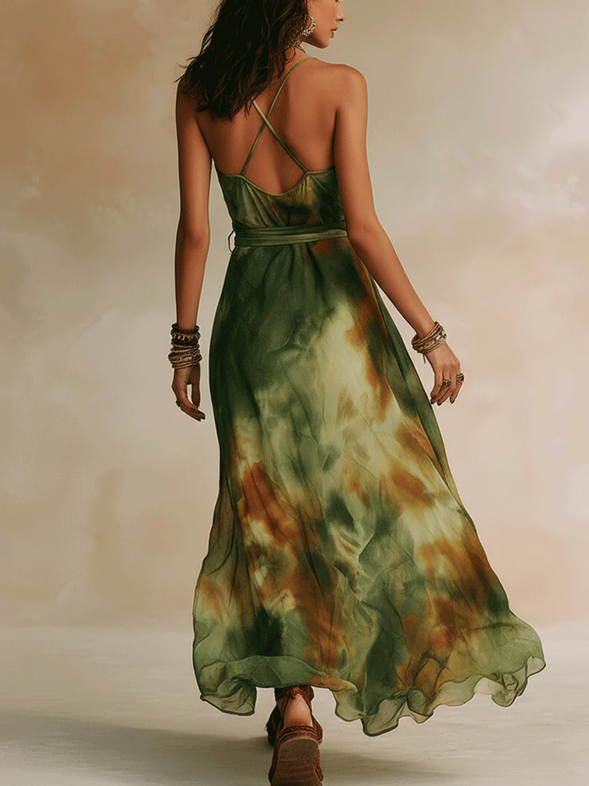 Green Abstract Print Halter Neckline Spaghetti Strap Tie-up Maxi Dress
