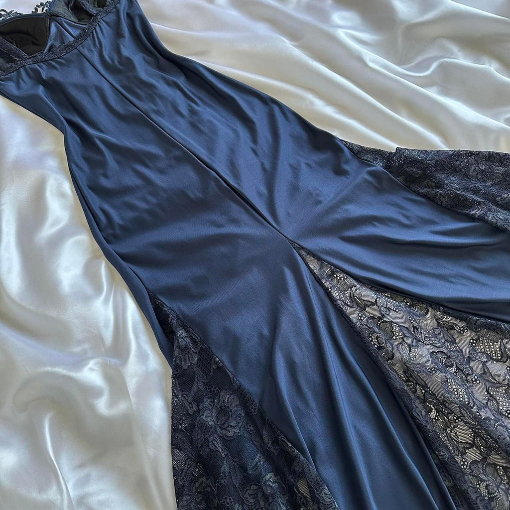 Blue gorgeous exquisite applique lace spaetti straps long satin prom dress evening dress party dress