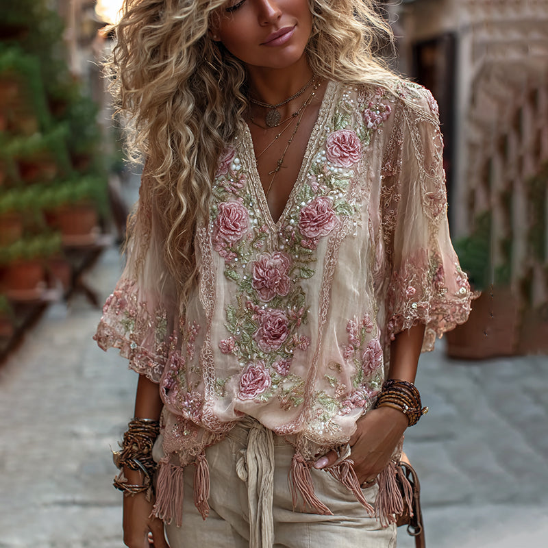 Women's Vintage Rose Embroidery Art Comfy Linen Shirts
