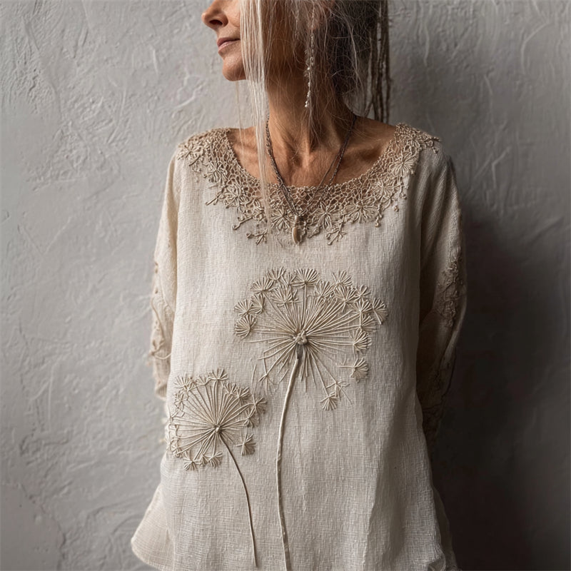 Vintage Dandelion Embroidered Lace Hem Linen Tunic
