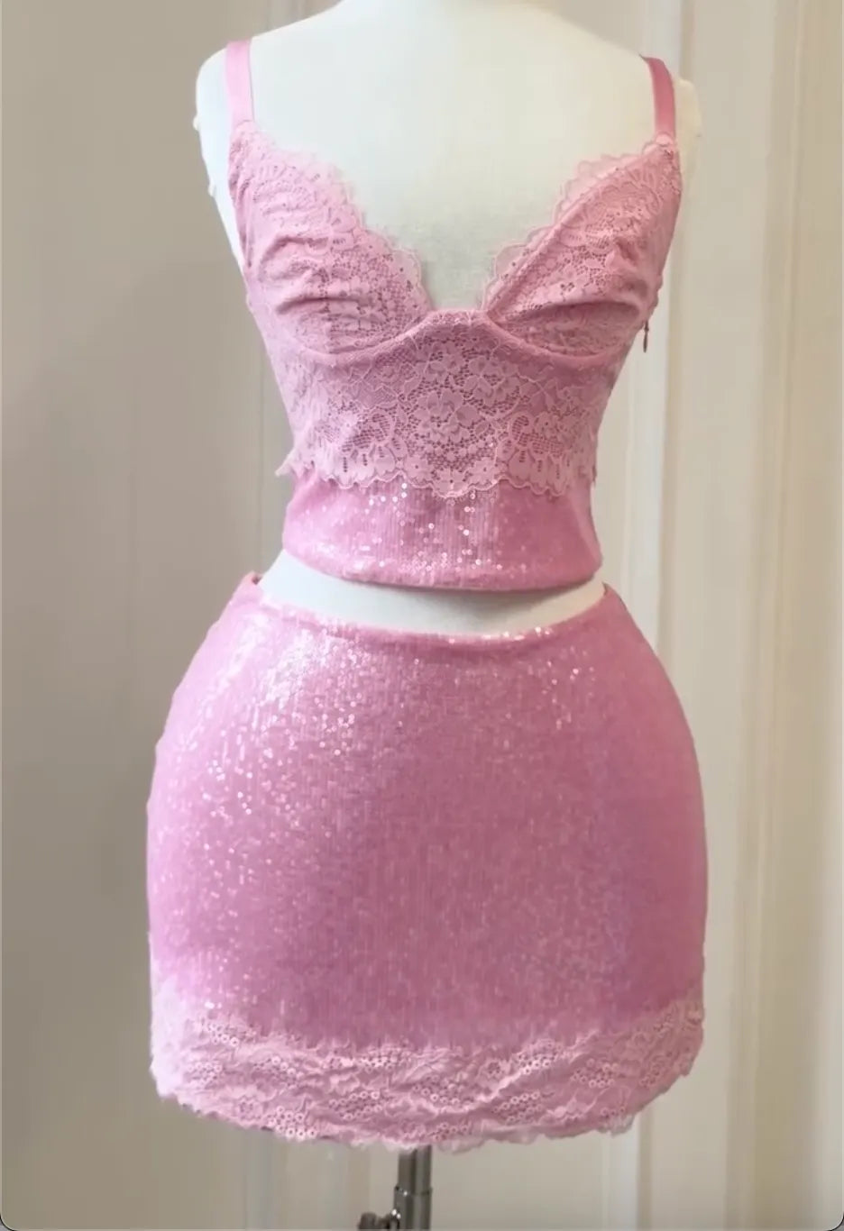 Lace Sequin Crop Cami & Mini Skirt Two Piece Set, Satin Lingerie Style Party Club Matching Outfit (Yellow/Pink)