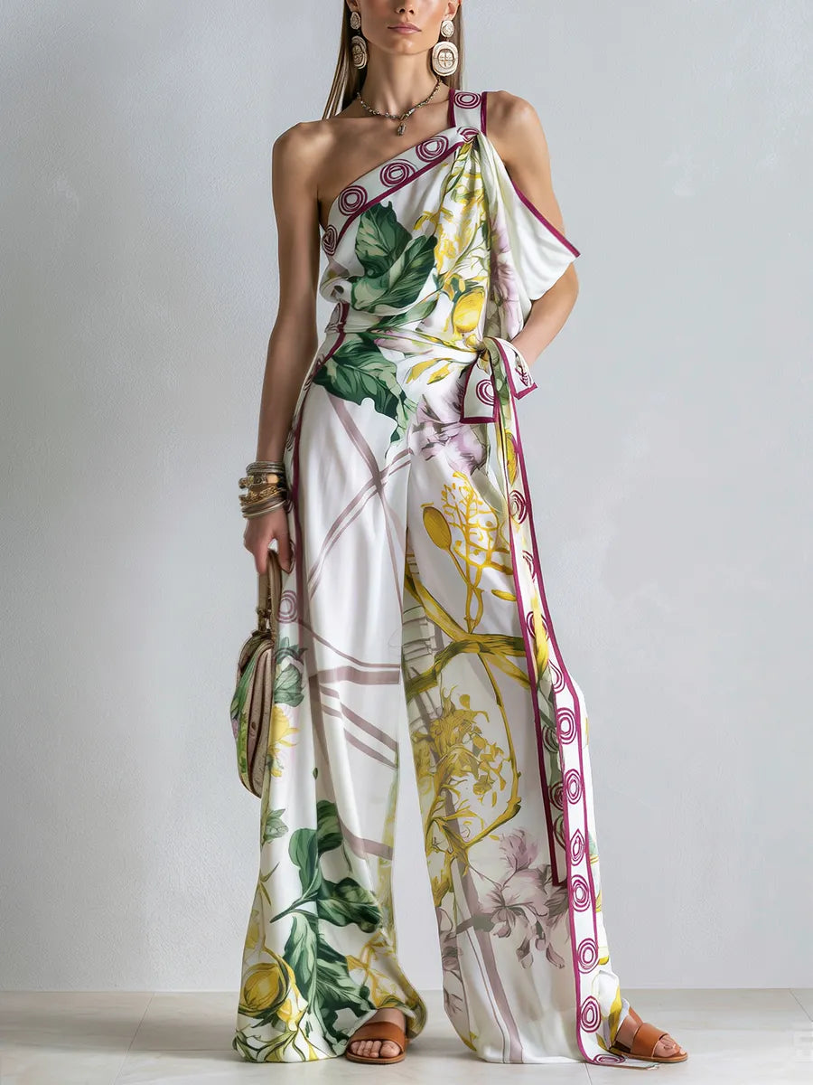 Bohemian Print One Shoulder Top And Wide Leg Set