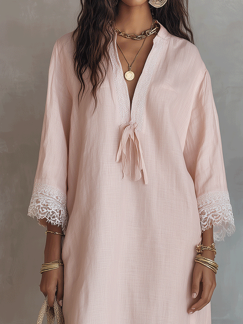 Bohemian Lace-Trimmed Cotton-Linen Midi Dress