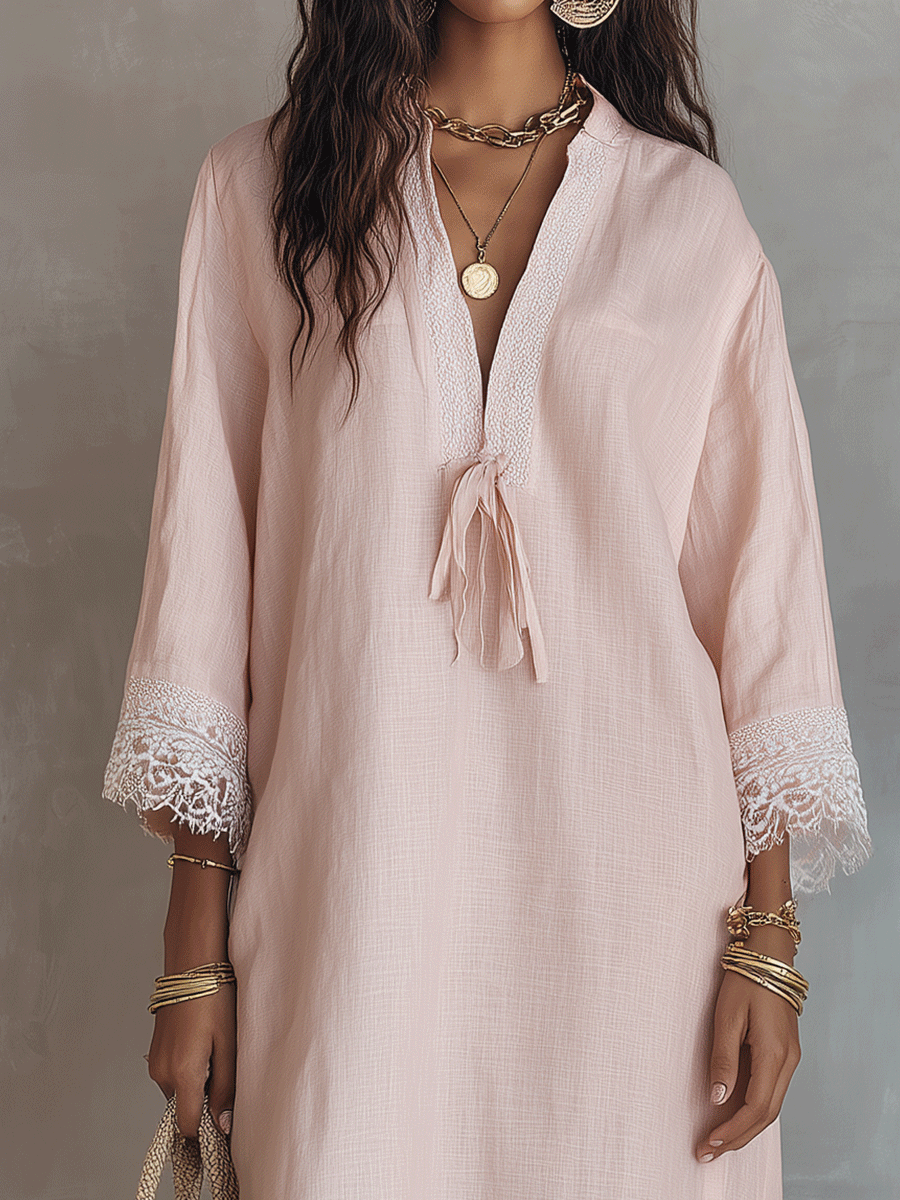Bohemian Lace-Trimmed Cotton-Linen Midi Dress