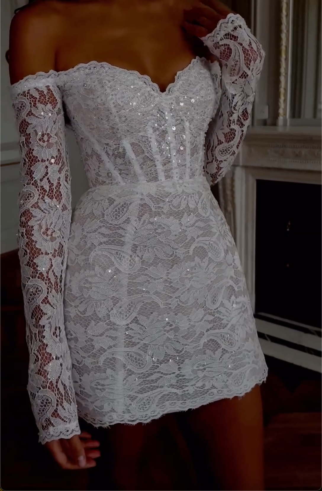 White Off-the-Shoulder Sequin Lace Mini Dress with Long Sheer Sleeves