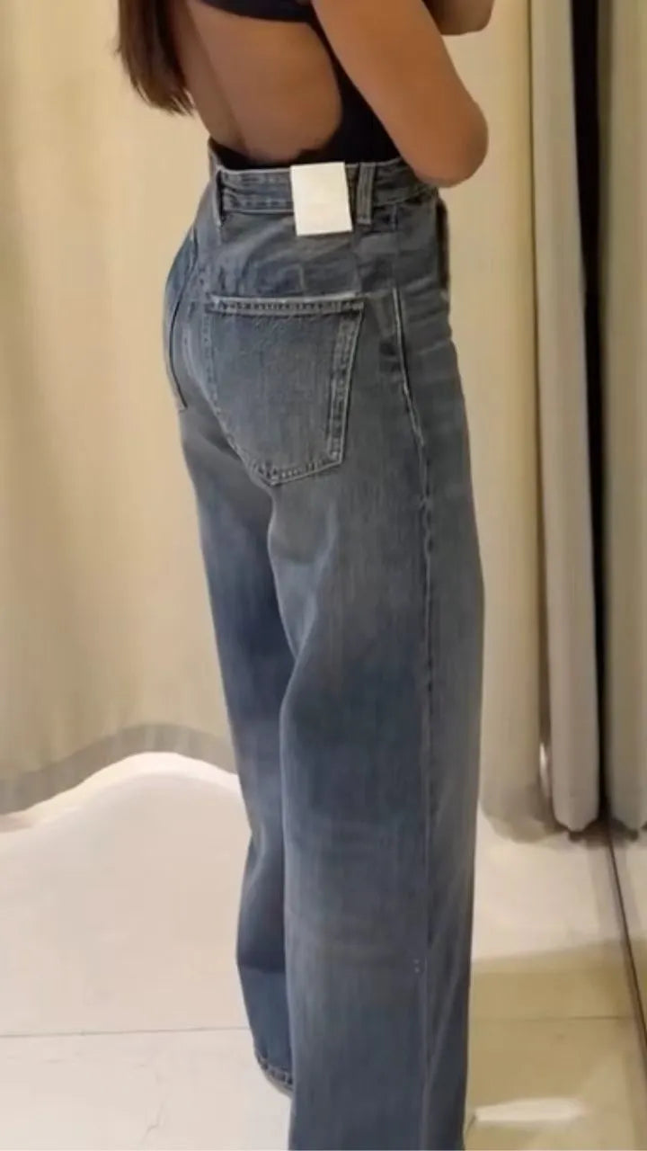 Dark Blue Vintage Wash Wide-Leg Jeans