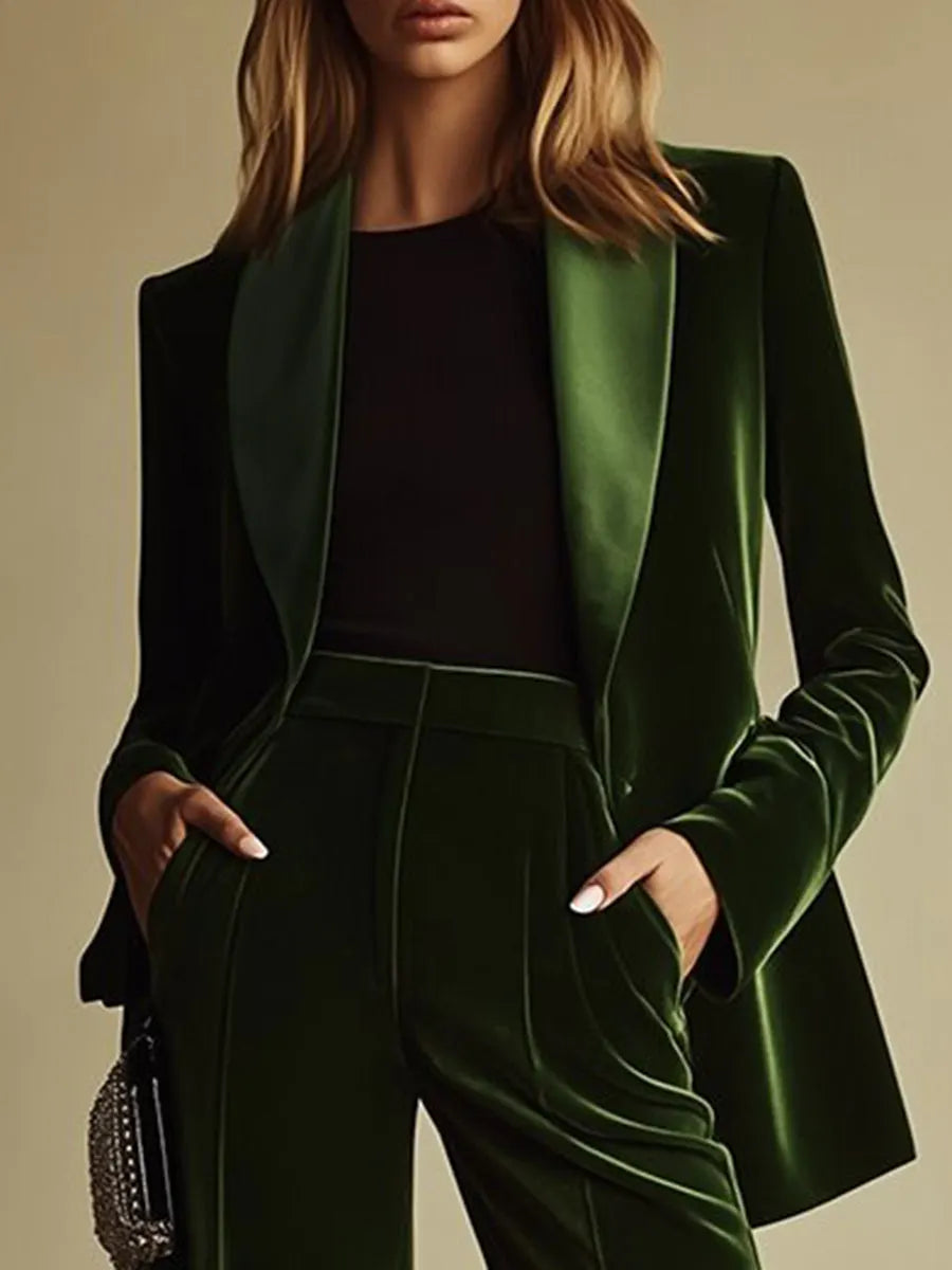 High-End Temperament Loose Retro Green Velvet Suit