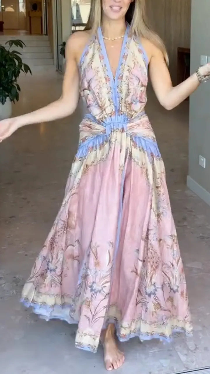 Floral Print Halter V Neck Gathered Waist Maxi Dress