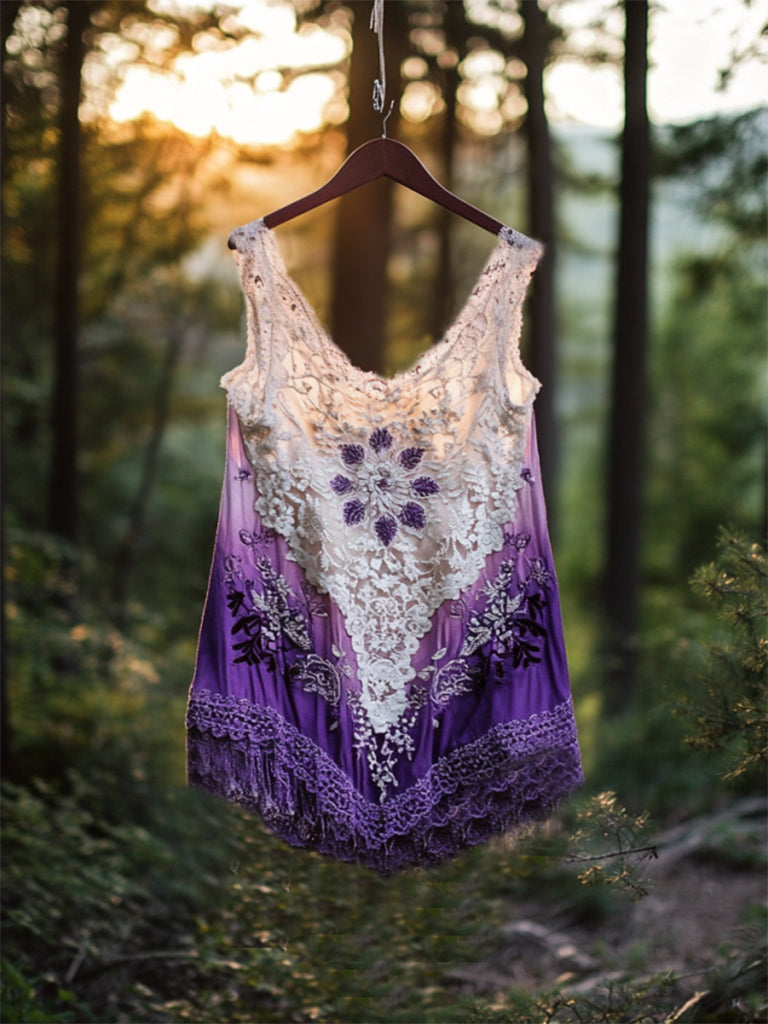 Boho Lavender Gradient Lace Art Linen Sleeveless Tank Top