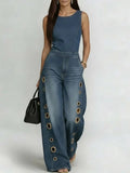 Women's Grommet Detail Wide-Leg Jumpsuit - Bold High-Waisted Sleeveless Streetwear One-Piece