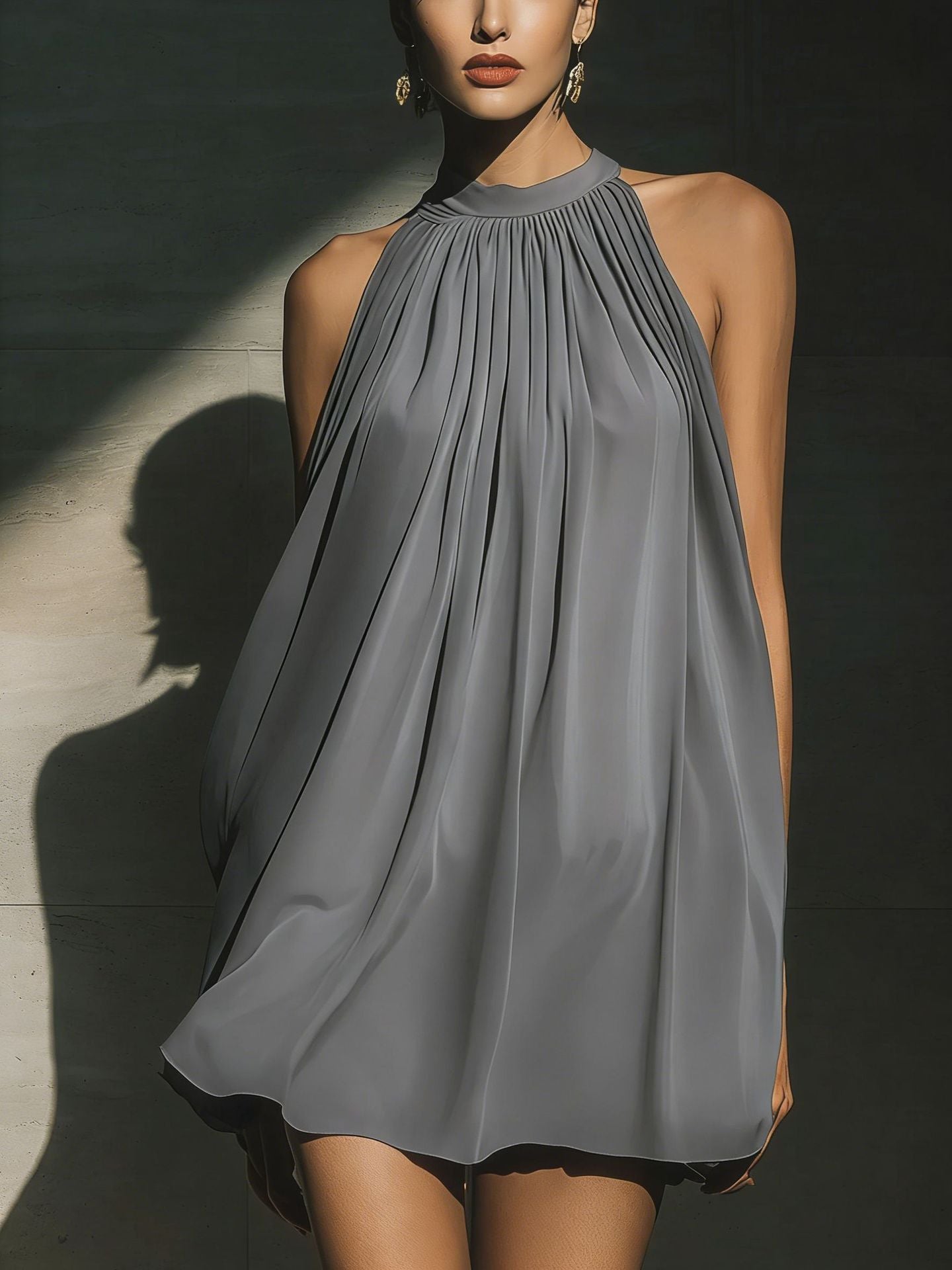 Women's Elegant Halter Neck Pleated Mini Dress - Silk-Touch Loose Flowy Party Swing Dress