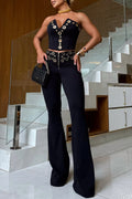Black Eyelet Corset Top Flare Pants Set