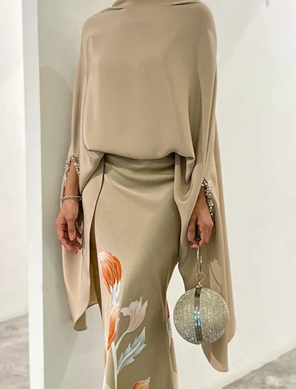 Floral Printed Split-Joint Batwing Sleeves Loose High Neck Two Pieces Set Skirt Set