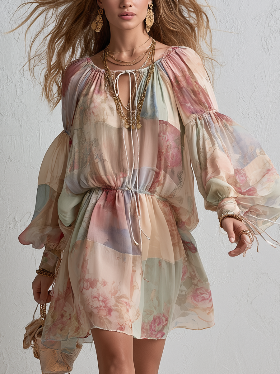Romantic  Floral Waist Puff Sleeve Chiffon Mini Dress