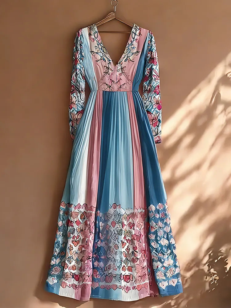 Retro Butterfly Print Transgender Colorblock Patchwork Dress