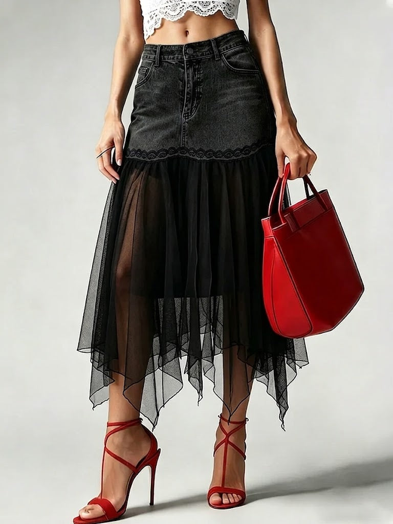 Stylish Casual Spliced mesh Denim Skirt