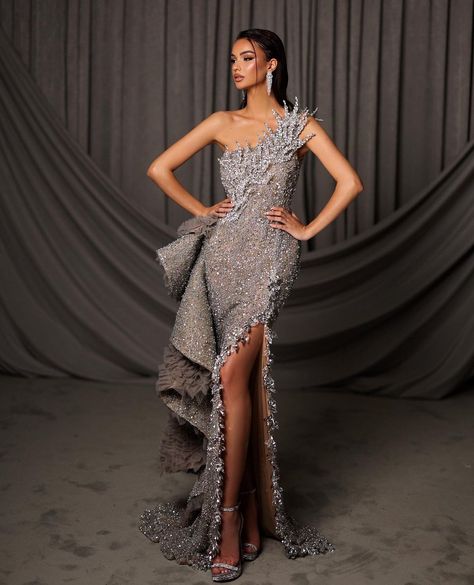 Asymmetric Sequins One-shoulder Split-slit Luxurious Formal Maxi Dress