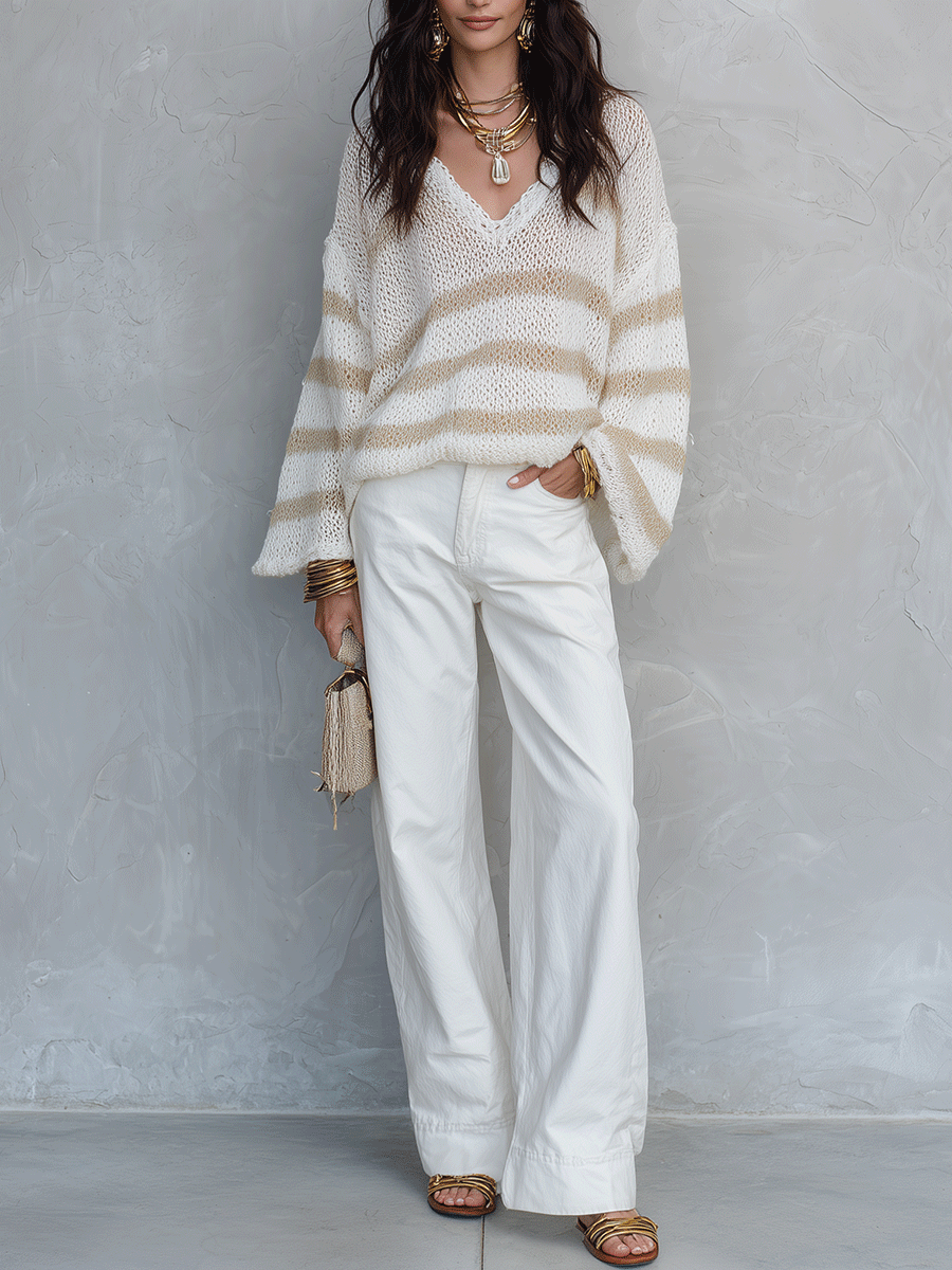 Effortless Chic Loose-Knit Drop-Shoulder Balloon-Sleeve Cream Striped Pullover