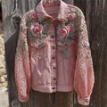 Pink Roses Embroidered Lace Patchwork Denim Jacket