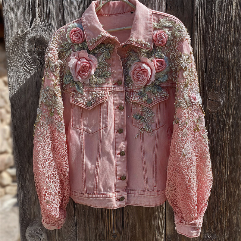 Pink Roses Embroidered Lace Patchwork Denim Jacket