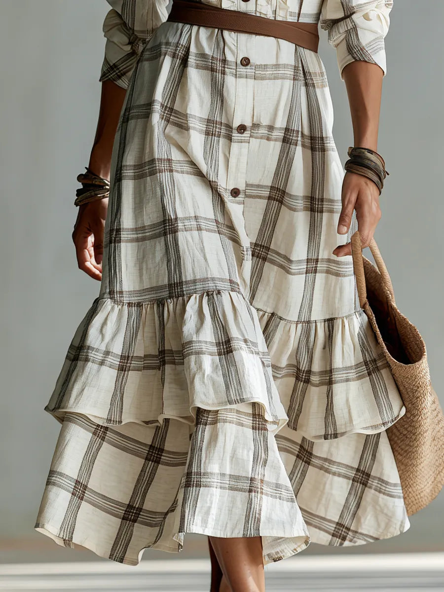 Classic Ivory Plaid Ruffle Shirt Midi Dress