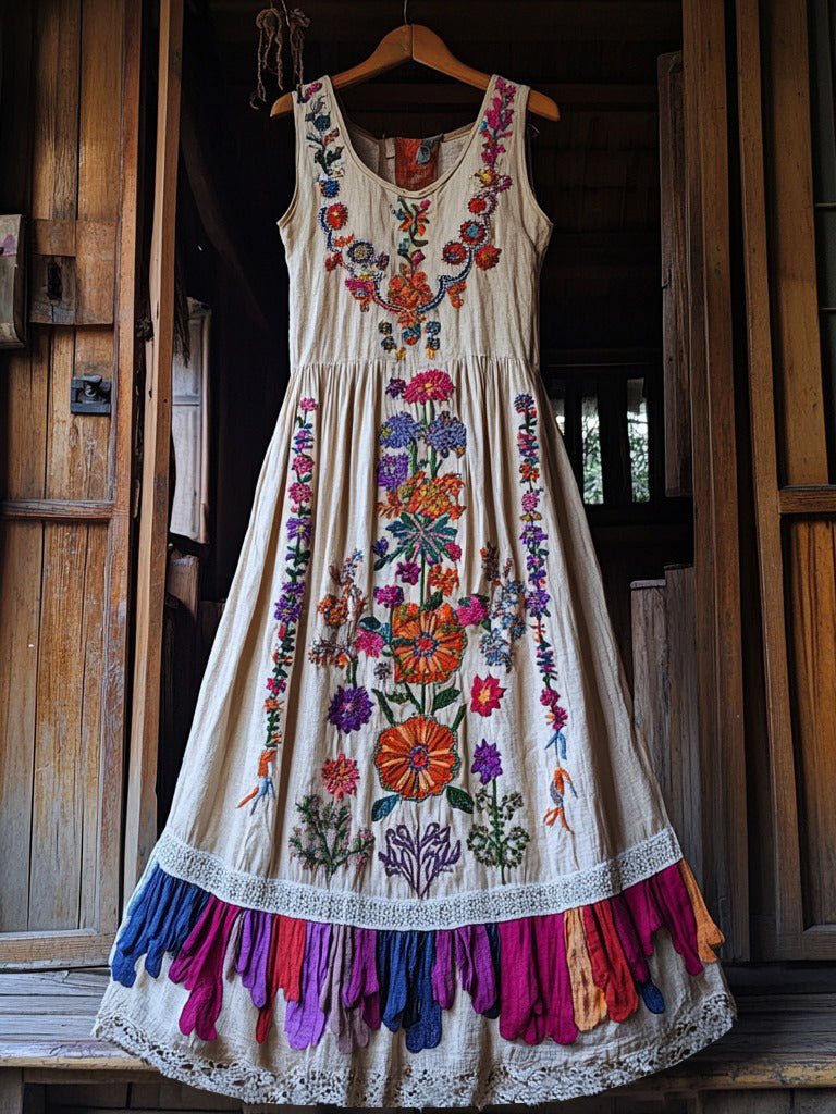 Vintage Boho Purple Floral Embroidery Design Women's Tank Dress
