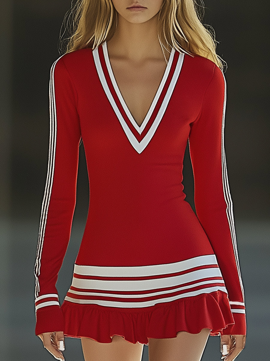 [24-hour shipping out]Fashionable Sports White Striped Red V-neck Long Sleeve Mini Dress