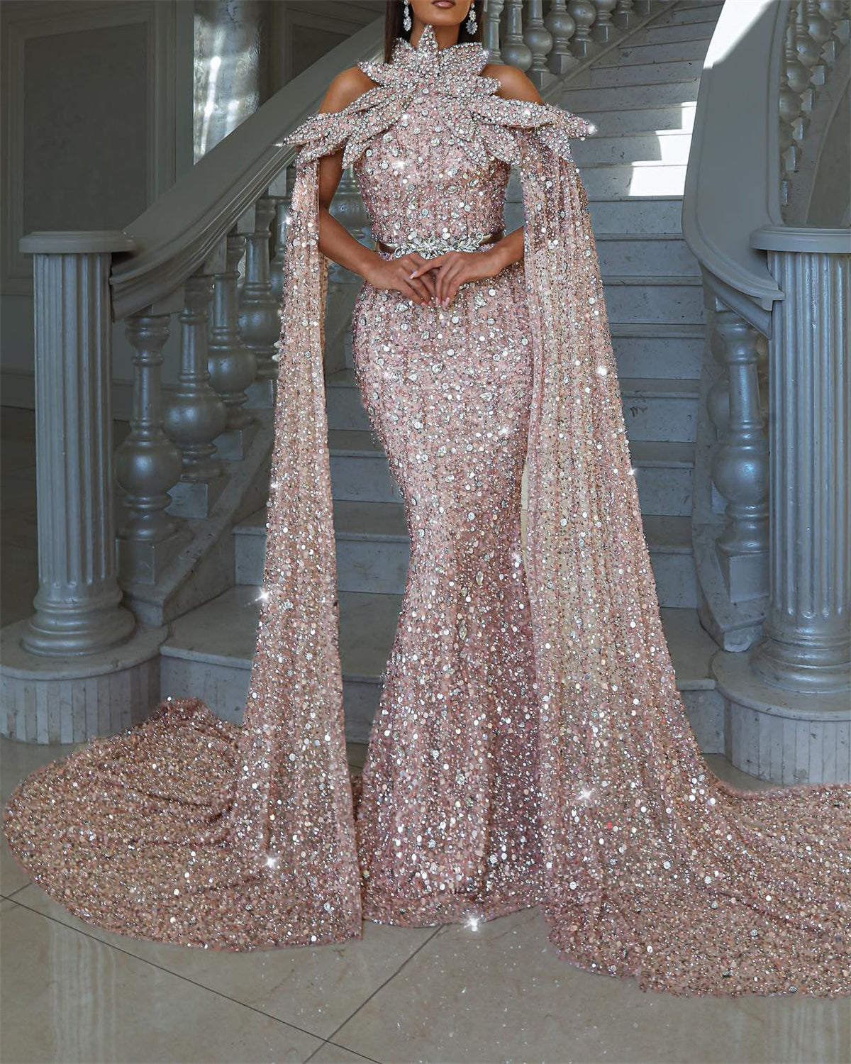 Women's Pink Off Shoulder Sequin Evening Dress