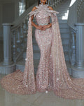 Women's Pink Off Shoulder Sequin Evening Dress