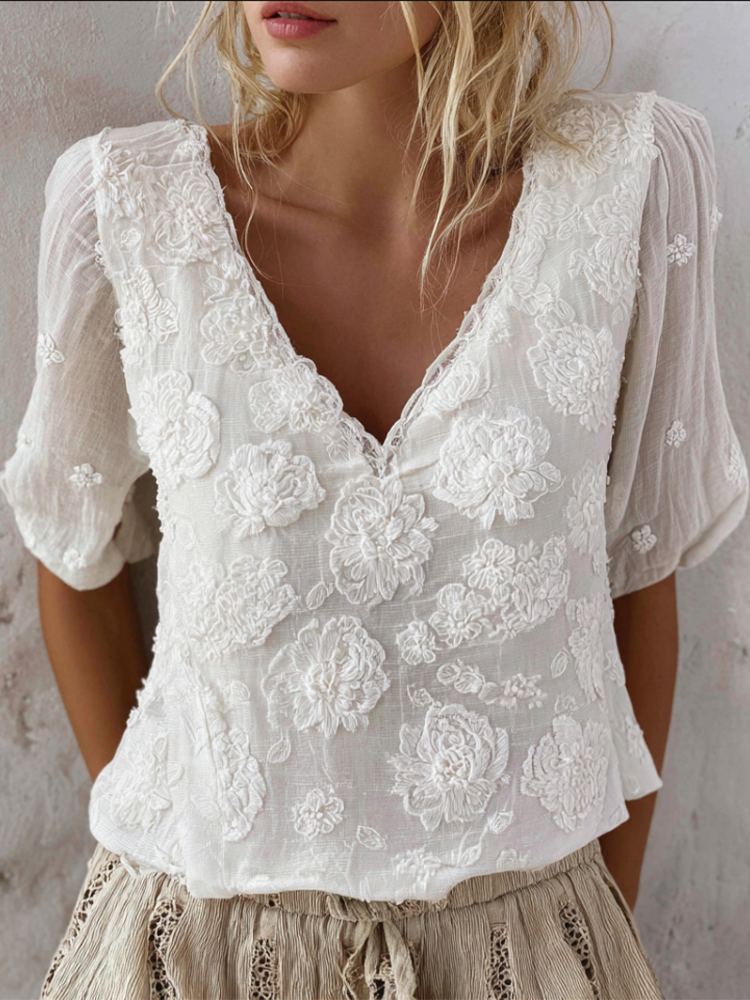Bohemian Style Woman's V-neck White Rose Short-sleeved Shirt