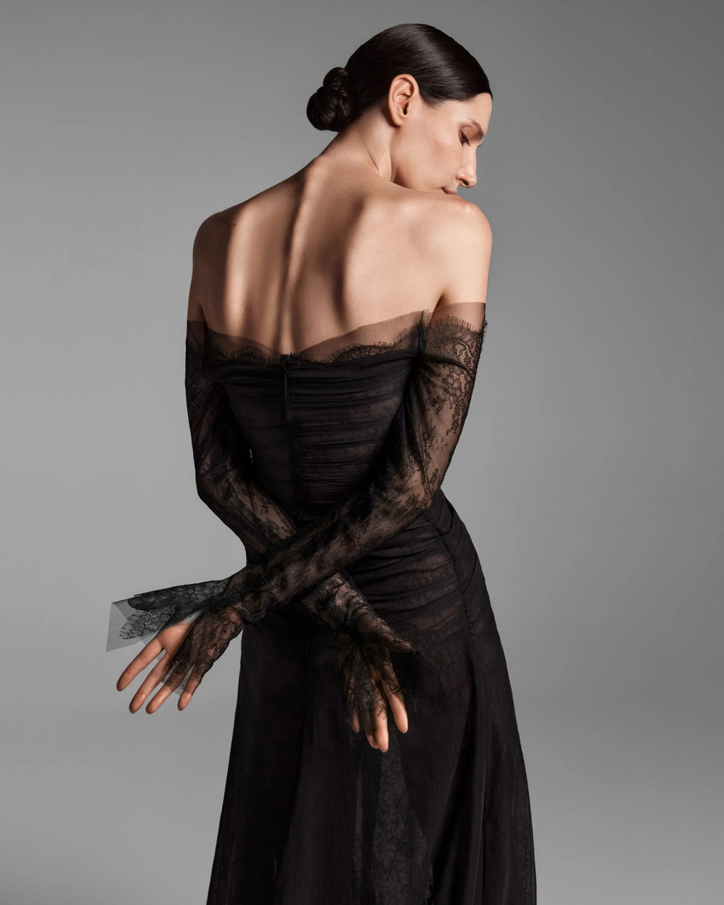 LOOK 1 Off-Shoulder Charcoal Black Chantilly Lace and Chiffon Dress