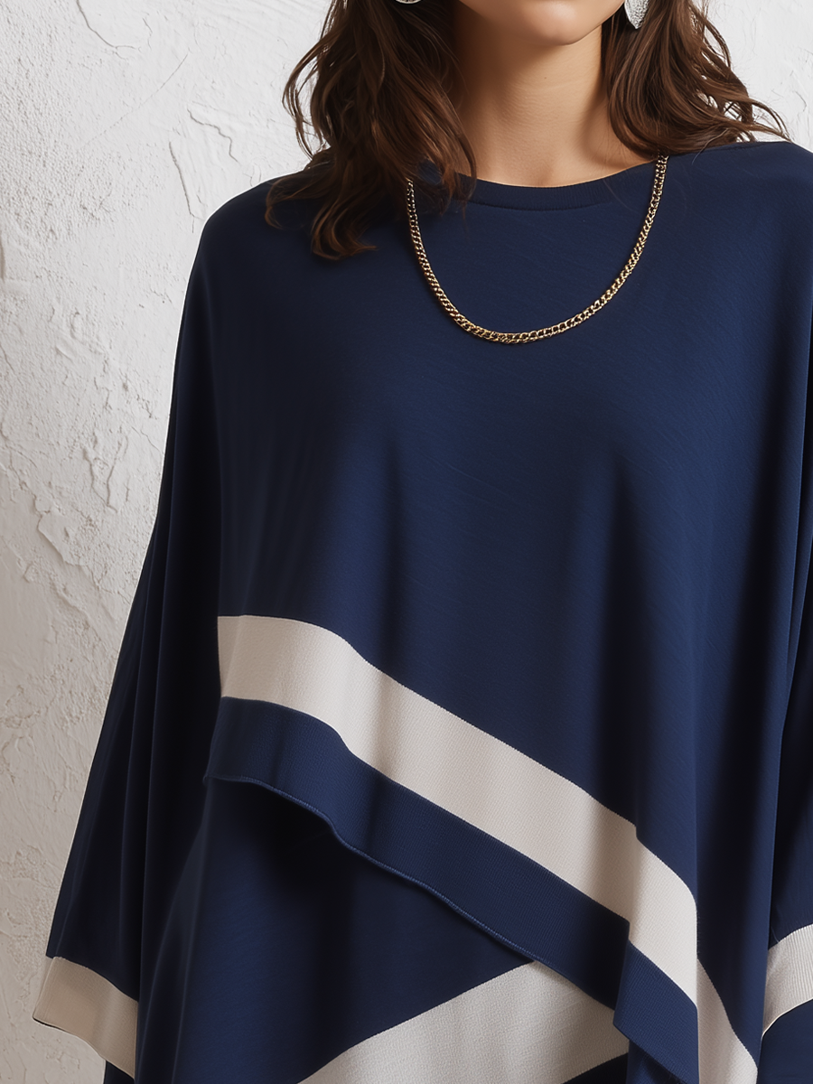 Elegant Navy Colorblock Asymmetric Tunic Top